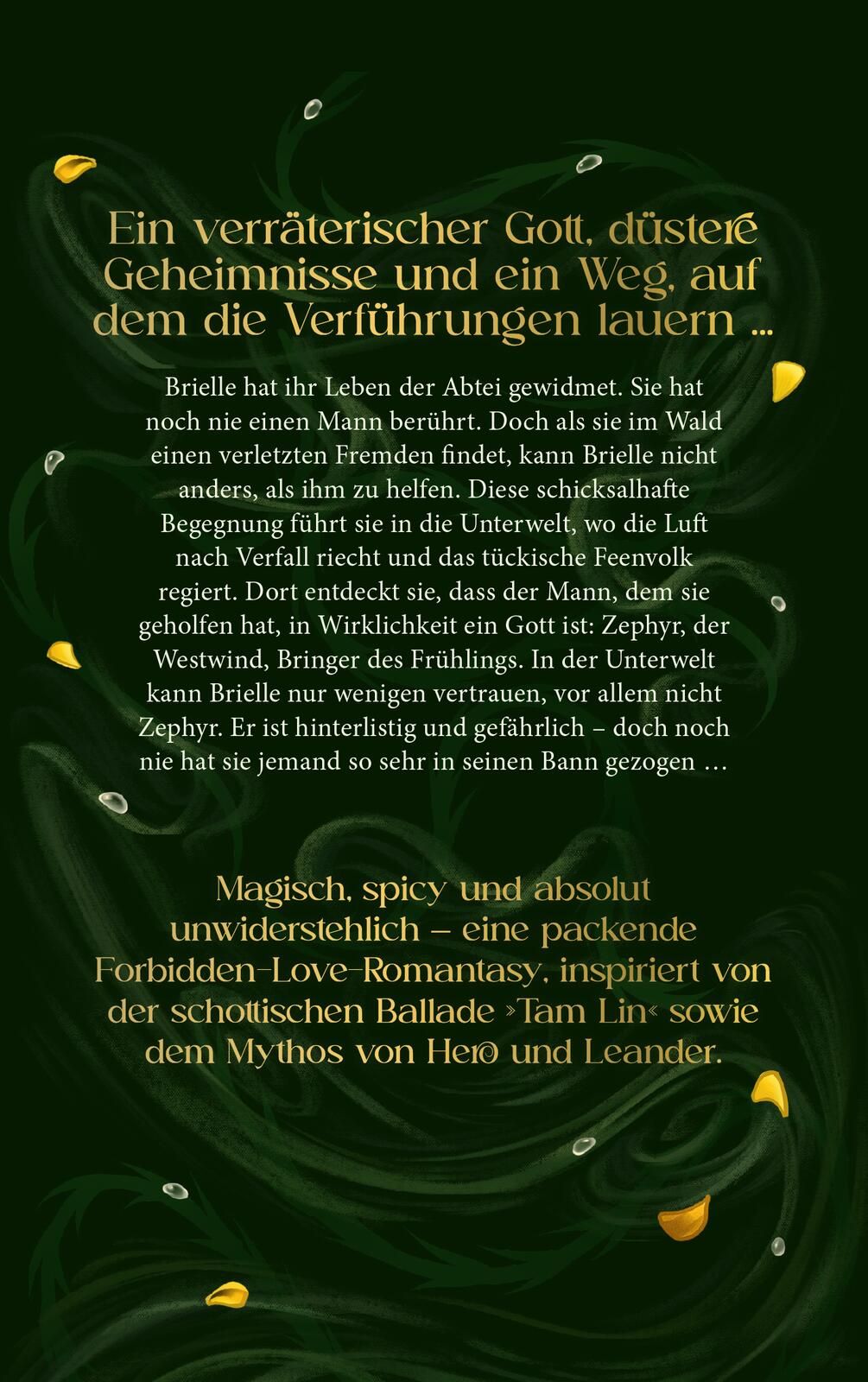 Gezeigt wird die Rückseite von „The West Wind – Reich aus Licht und Dornen“. Die Beschreibung umfasst einen tiefgrünen Hintergrund, der eine mysteriöse Atmosphäre erzeugt. Auf der linken Seite steht ein fesselnder Text in weißer Serifenschrift, der die Ha