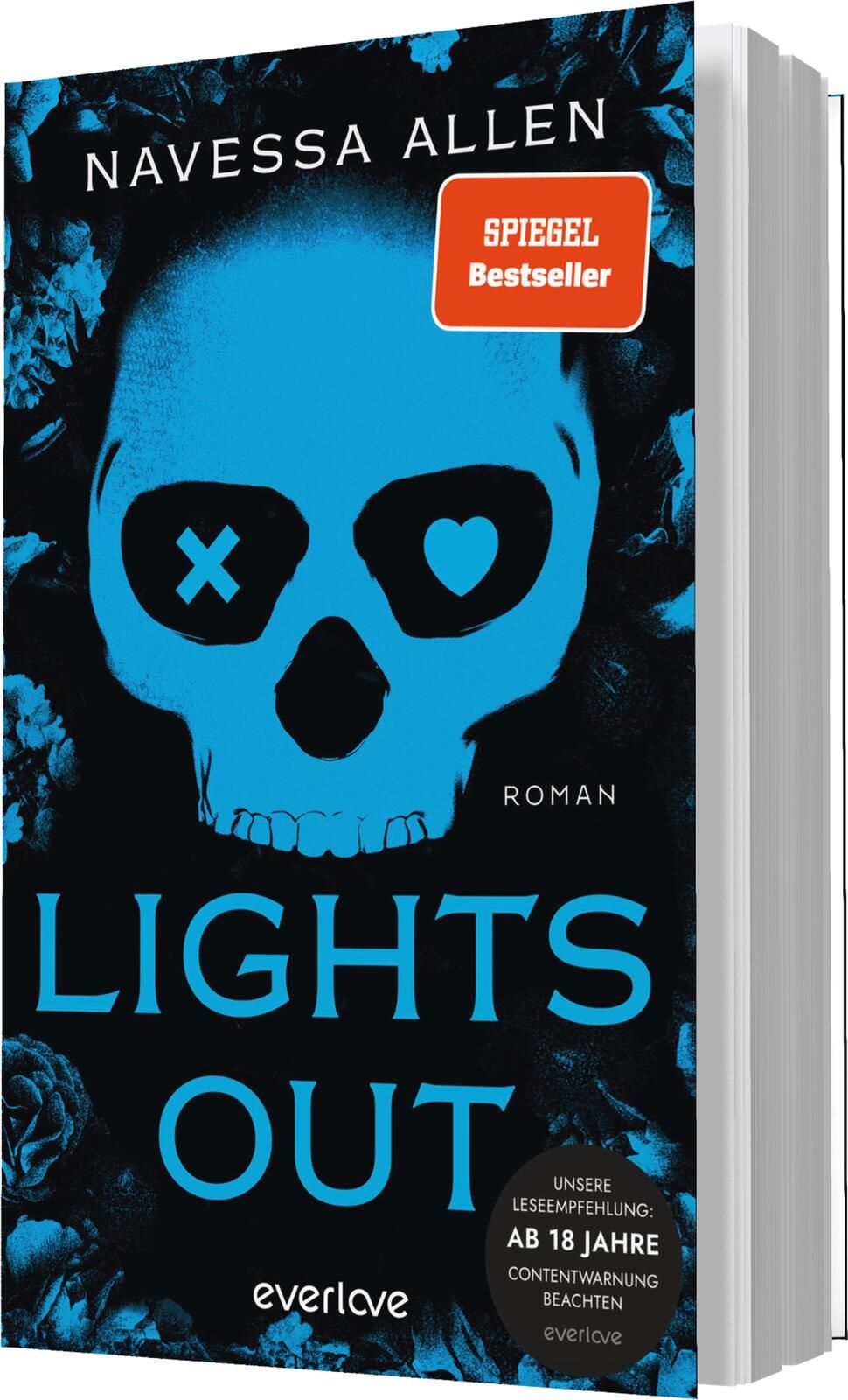 Das Buchcover zeigt einen tiefblauen Hintergrund, auf dem ein stilisierter menschlicher Schädel in hellblauer Farbe abgebildet ist. Der Schädel hat zwei Symbole anstelle der Augen: ein X und ein Herz. Oben steht in weißer, klarer Schrift der Name der Auto
