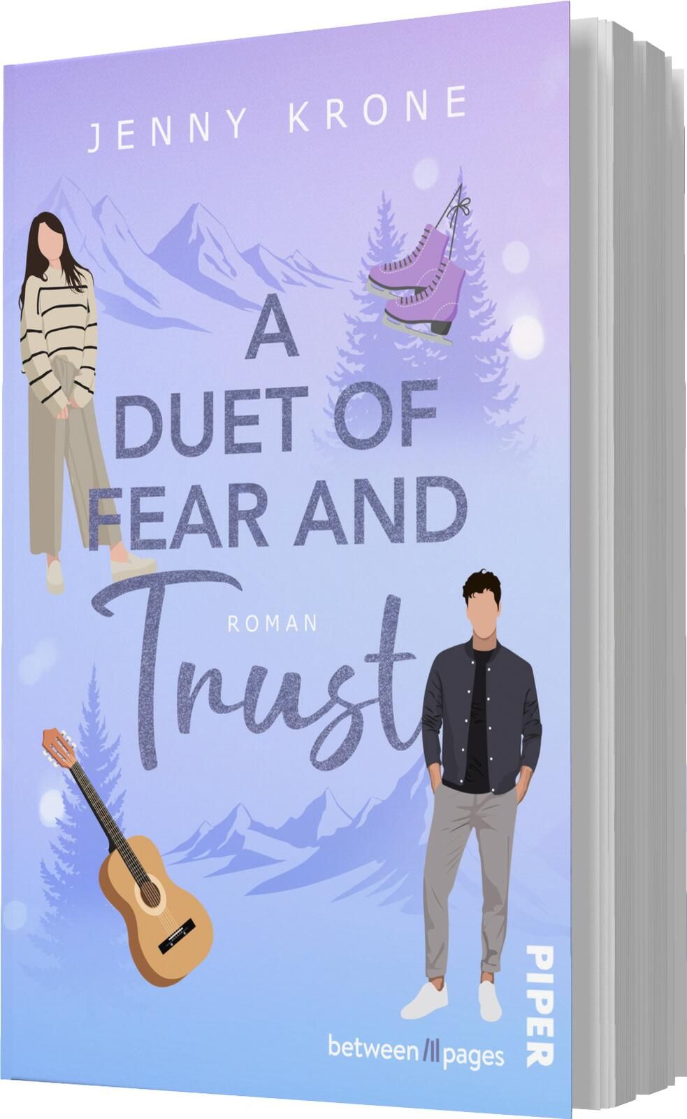 Das Buchcover zeigt eine winterliche Landschaft mit schneebedeckten Bergen im Hintergrund. Im Vordergrund stehen zwei Figuren, eine Frau in gestreiftem Oberteil und beigen Hosen sowie ein Mann in dunkler Jacke und heller Hose. Über ihnen schwebt der Titel