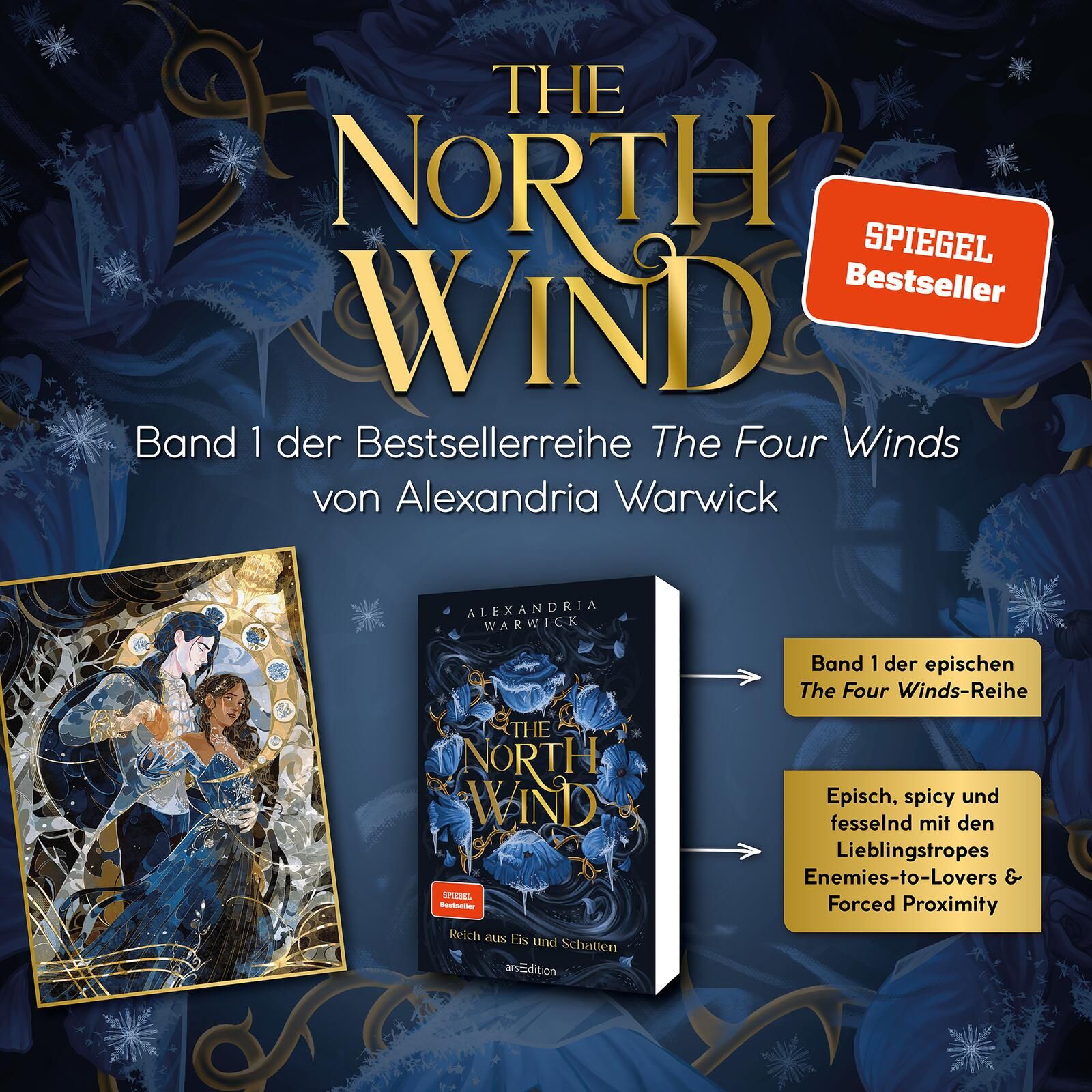 Gezeigt wird eine Innen- oder Zusatzansicht von „The North Wind – Reich aus Eis und Schatten“. Das Cover zeigt eine elegante Kombination aus Blautönen und goldenen Schriftzügen, die den Titel hervorheben. Links ist eine reich verzierte Illustration einer