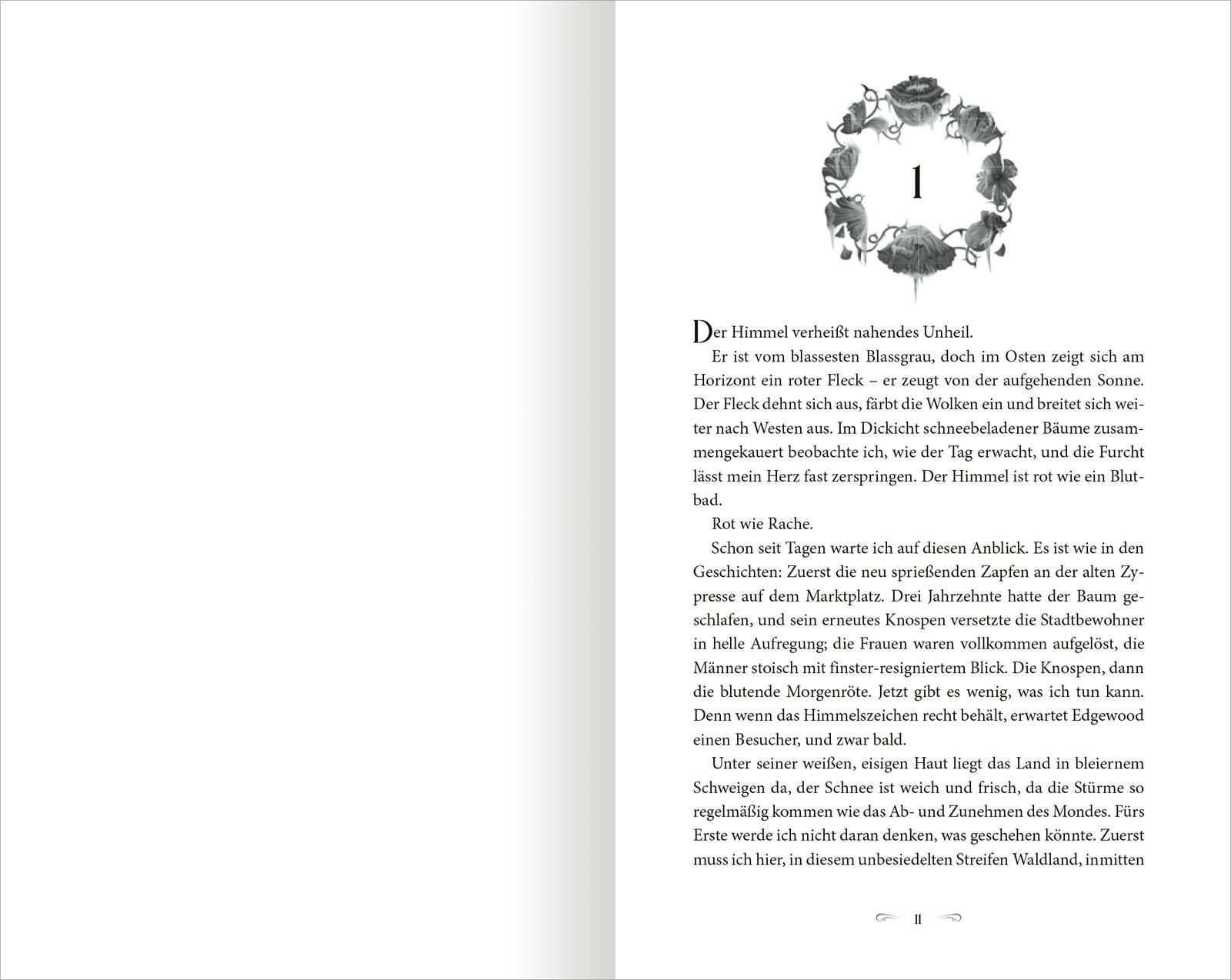 Gezeigt wird eine Innenansicht von „The North Wind – Reich aus Eis und Schatten“. Die Seite zeigt einen weißen Hintergrund mit linksseitigem Text in schwarzer Serifenschrift, der sich fließend über die Seite verteilt. Oben ist ein ornamental gestalteter A