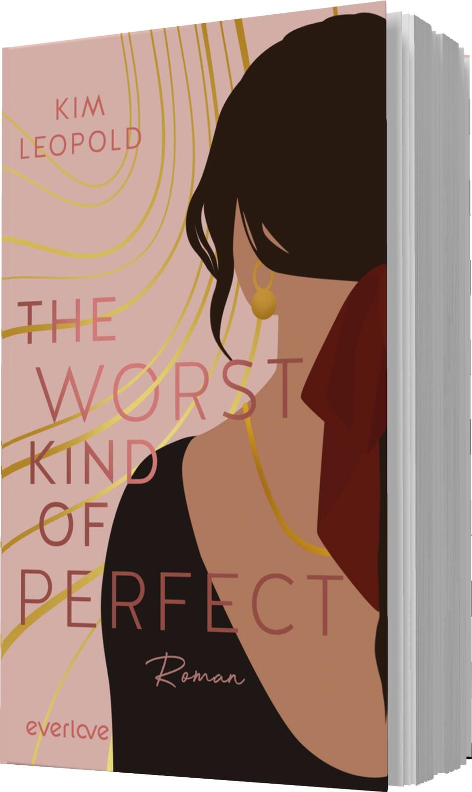 Das Buchcover zeigt eine stilisierte Illustration einer Frau mit dunklen Haaren und einem roten Haargummi. Hinter ihr verlaufen sanfte, geschwungene Linien in verschiedenen Beige- und Rosatönen, die eine harmonische Atmosphäre schaffen. Der Titel „THE WOR