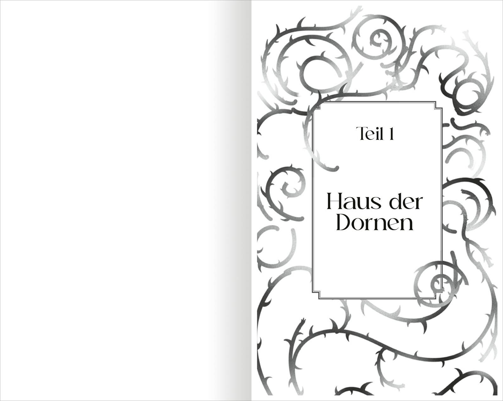 Gezeigt wird eine Innen- oder Zusatzansicht von „The North Wind – Reich aus Eis und Schatten“. Die Seite zeigt einen eleganten, weißen Hintergrund mit filigranen, schwarz-weißen Dornenornamenten, die sich um den Text winden. Der Titel „Haus der Dornen“ st