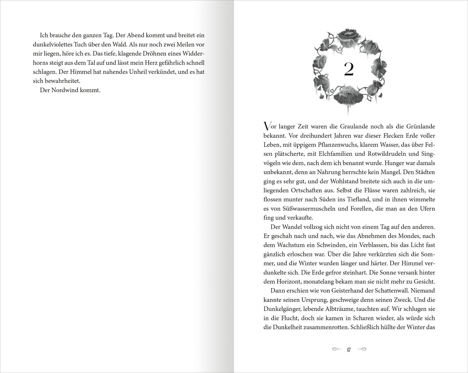 Gezeigt wird eine Innenansicht von „The North Wind – Reich aus Eis und Schatten“. Auf der linken Seite sieht man den Beginn eines Kapitels mit einem fließenden, einladenden Text in einer klaren Serifenschrift. Die rechte Seite zeigt eine illustrative Ziff