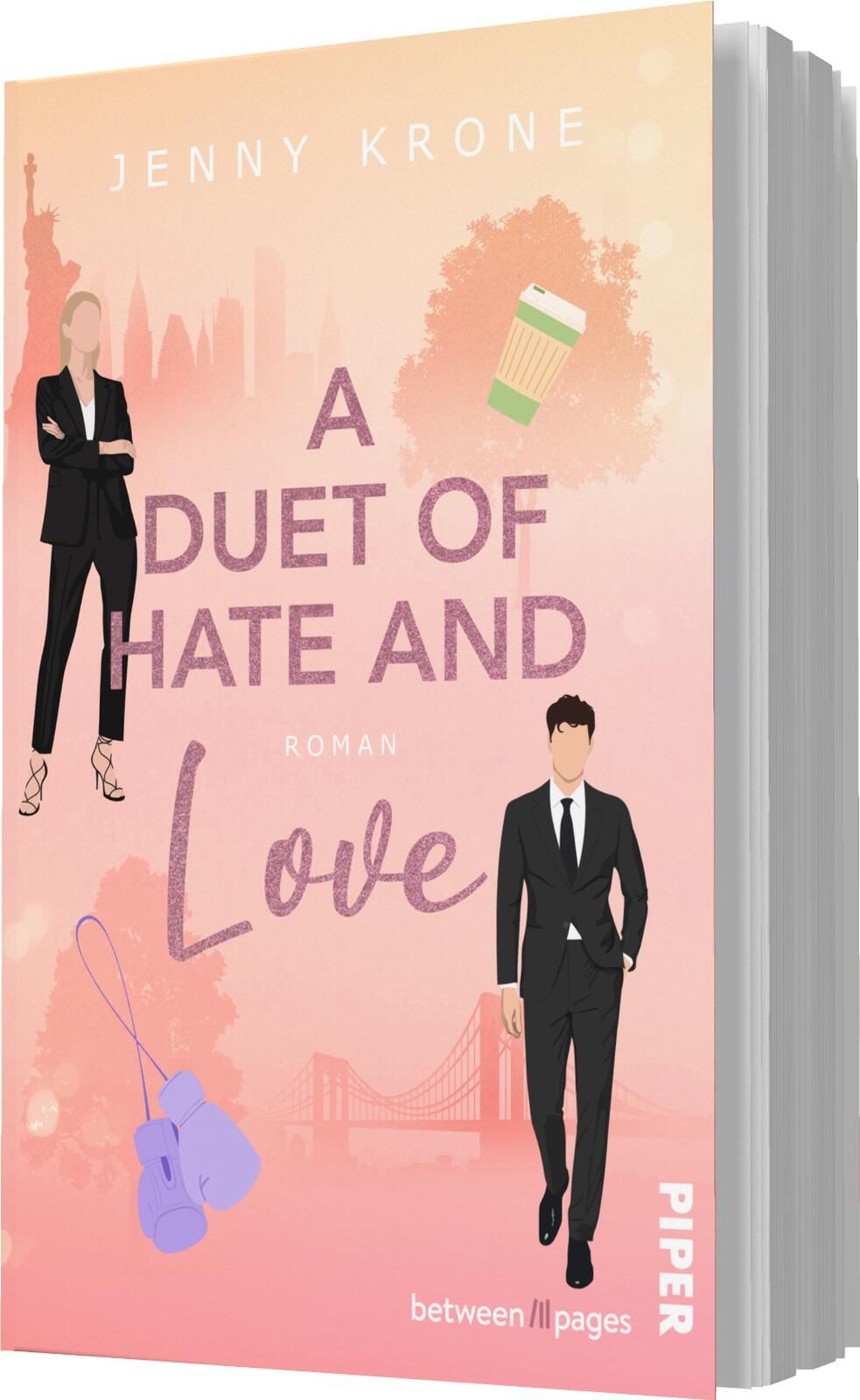 Das Buchcover zeigt einen sanften Farbverlauf in Rosatönen, der eine romantische Atmosphäre vermittelt. In der Mitte steht der Titel „A DUET OF HATE AND LOVE“ in verspielter Schrift. Der Name der Autorin, Jenny Krone, ist oben in einer klaren, modernen Sc