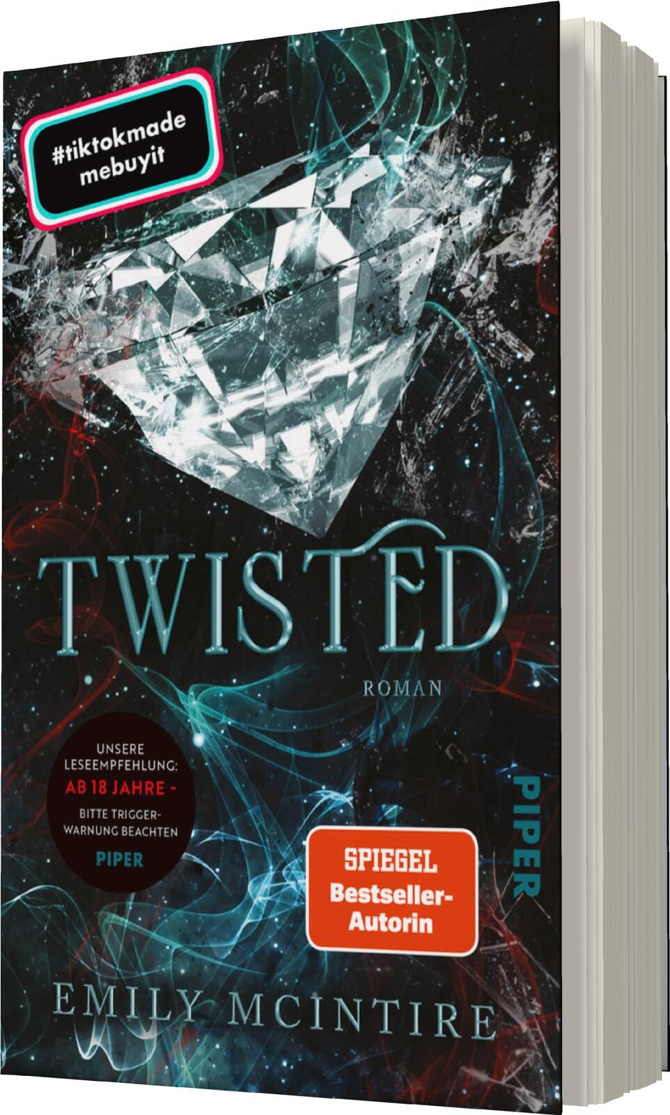 Das Buchcover zeigt einen großen, glitzernden Diamanten auf einem dunklen Hintergrund, der durch geschwungene, blaue und rote Lichteffekte akzentuiert wird. Der Titel „TWISTED“ ist in großen, eleganten Buchstaben in Metallic-Blau gestaltet, während der Un