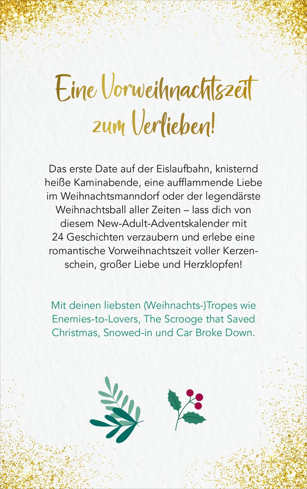 Gezeigt wird die Rückseite von „All I want for Christmas is Love“. Die Rückseite ist in sanften Pastellfarben gehalten, mit goldenen Akzenten und einem strukturierten Hintergrund. Die Überschriften sind in einer verspielten Handschrift gestaltet. Der Text