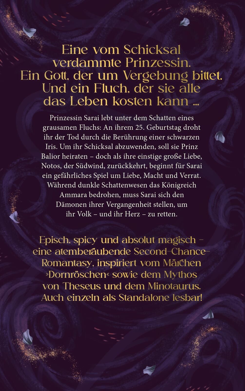 Gezeigt wird die Rückseite von „The South Wind – Reich aus Blut und Gold“. Der Hintergrund präsentiert sich in dunklen Lila- und Blautönen, die von goldenen Akzenten durchzogen werden. Der Text ist in goldener und weißer Schrift gestaltet und fasst die Ha