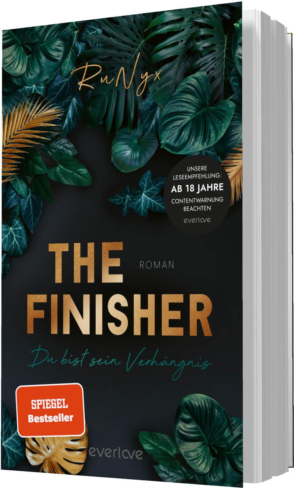 Das Buchcover zeigt üppige grüne Blätter und tropische Pflanzen im Vordergrund vor einem dunklen Hintergrund. Der Titel „THE FINISHER“ ist groß und auffällig in Weiß geschrieben, darunter erscheint das Wort „Roman“ in einer kleineren Schriftgröße. Der Unt
