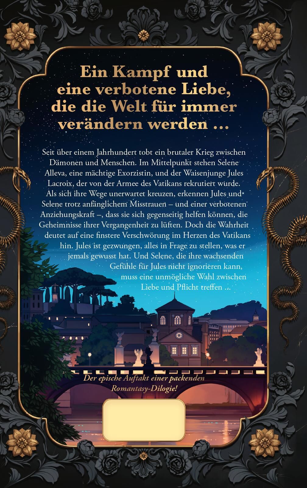 Gezeigt wird die Rückseite von „Cruel is the Light – Ihre Liebe ist groß, ihre Macht unendlich“. Der Hintergrund ist in sanften Blau- und Violetttönen gehalten, symbolisierend die nächtliche Szenerie. Zentrale Elemente sind ein eleganter Rahmen mit floral