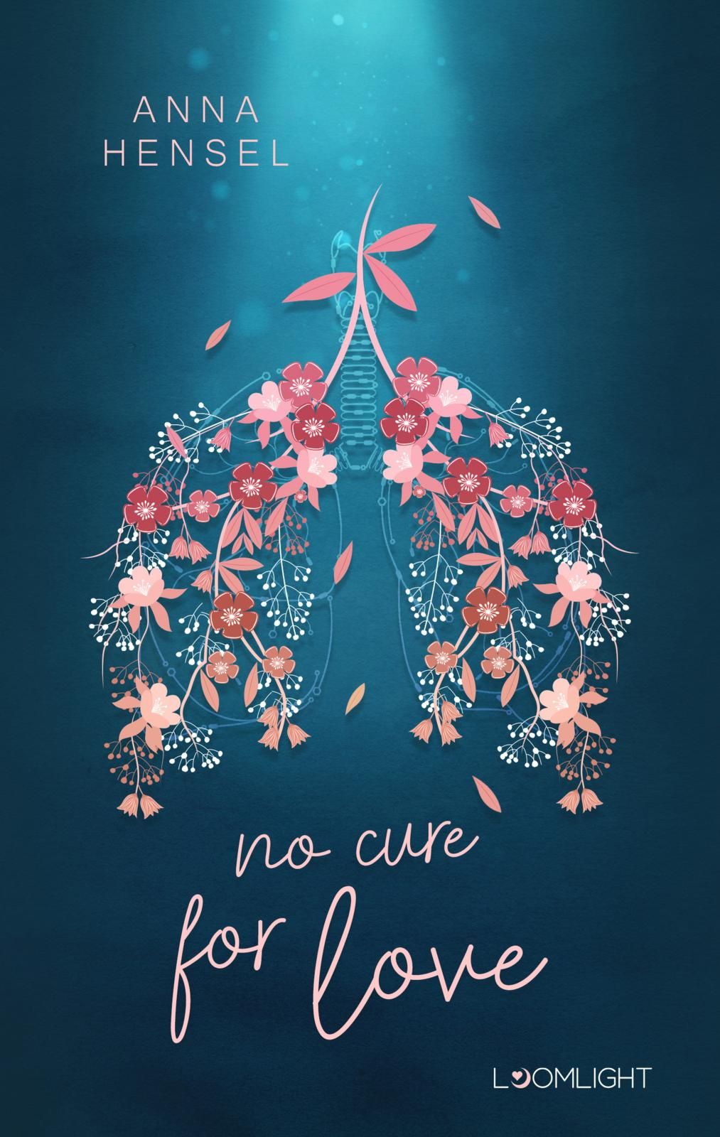 Das Buchcover zeigt auf tiefblauem Hintergrund eine stilisierte Lunge aus bunten Blumen. Darunter steht in eleganter Schrift „no cure for love“.