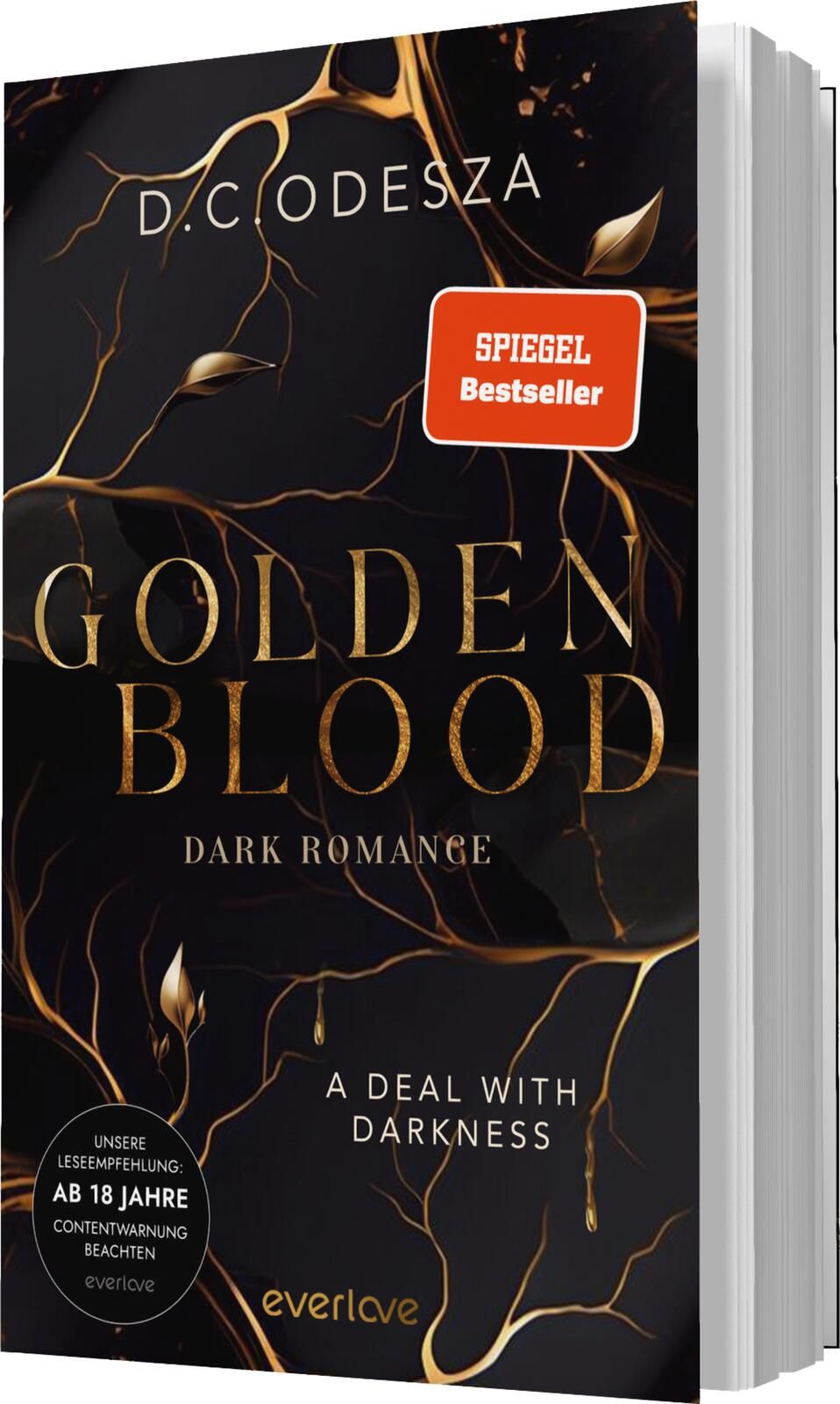 Das Buchcover zeigt einen dunklen, eleganten Hintergrund mit goldenen Akzenten, die kunstvoll ineinander verwickelt sind. Der Titel „GOLDEN BLOOD“ ist in großen, goldenen Buchstaben zentral platziert, während darunter in kleinerer Schrift „DARK ROMANCE“ s