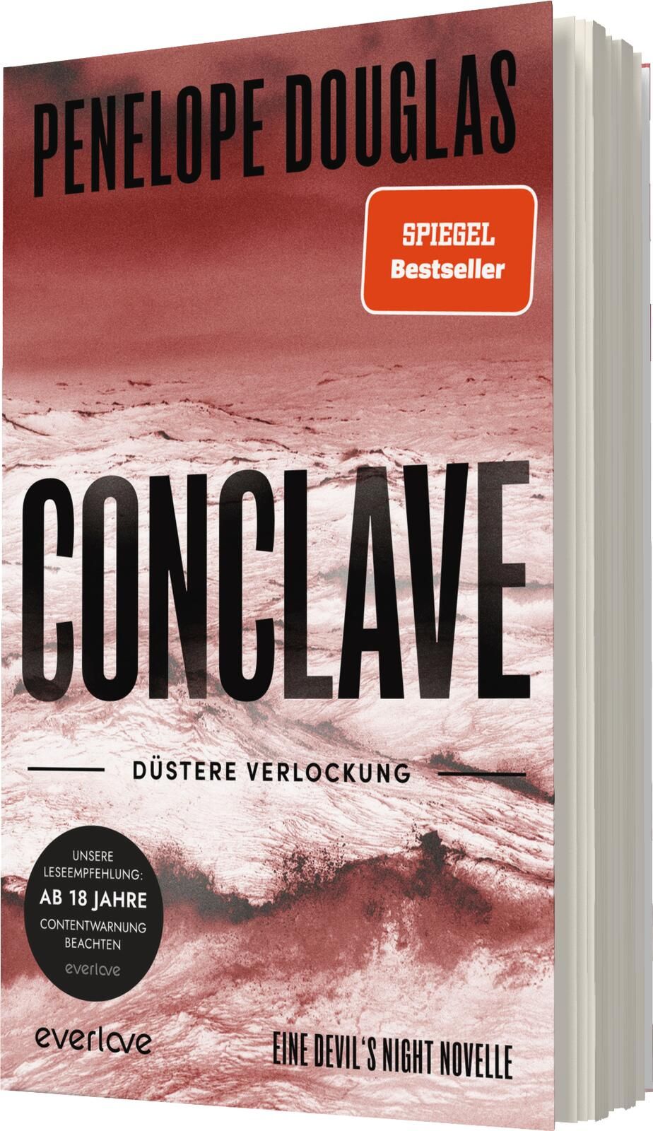 Das Buchcover zeigt einen schneebedeckten, düsteren Landschaftshorizont in verschiedenen Rottönen, der eine mysteriöse Atmosphäre vermittelt. Zentral steht der Titel „CONCLAVE“ in großen, schwarzen Buchstaben, darunter der Untertitel „Düstere Verlockung“