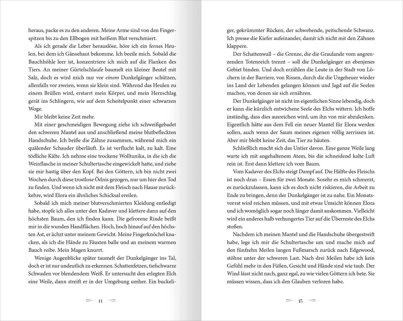 Gezeigt wird eine Innenansicht von „The North Wind – Reich aus Eis und Schatten“. Die Seite zeigt zwei Textspalten mit einem klaren, gut lesbaren Serifenschriftzug in dunklem Grau auf hellem Hintergrund. Der Text ist in ansprechendem, flüssigem Stil verfa