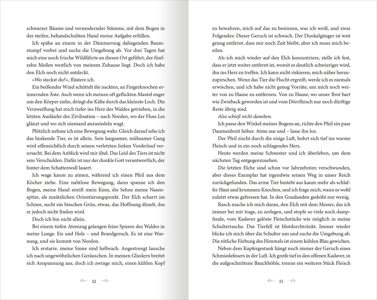 Gezeigt wird eine Innen- oder Zusatzansicht von „The North Wind – Reich aus Eis und Schatten“. Die Doppelseite präsentiert einen gut lesbaren, serifenlosen Schriftsatz in Schwarz auf hellem Hintergrund, der die Lesbarkeit unterstützt. Die Seiten sind visu