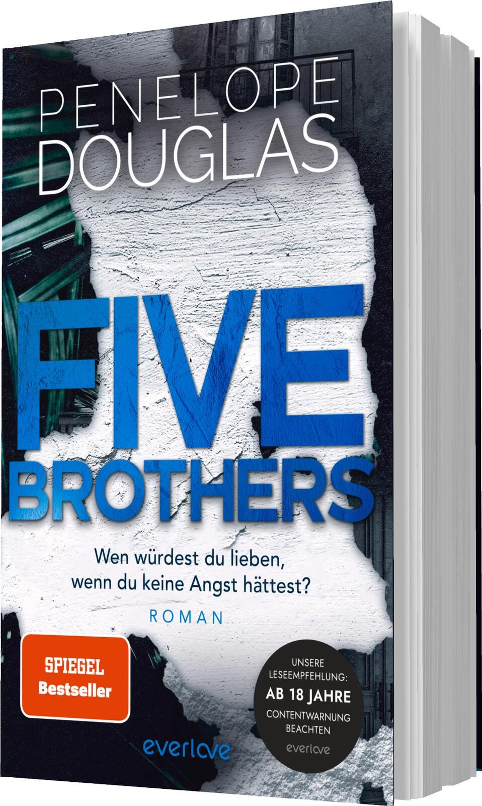 Das Buchcover zeigt den Titel „FIVE BROTHERS“ in großen blauen Buchstaben, die sich deutlich vom Hintergrund abheben. Der Hintergrund besteht aus einem strukturierten, grauen Element, das an altmodische Wände erinnert. Oberhalb des Titels steht der Name d
