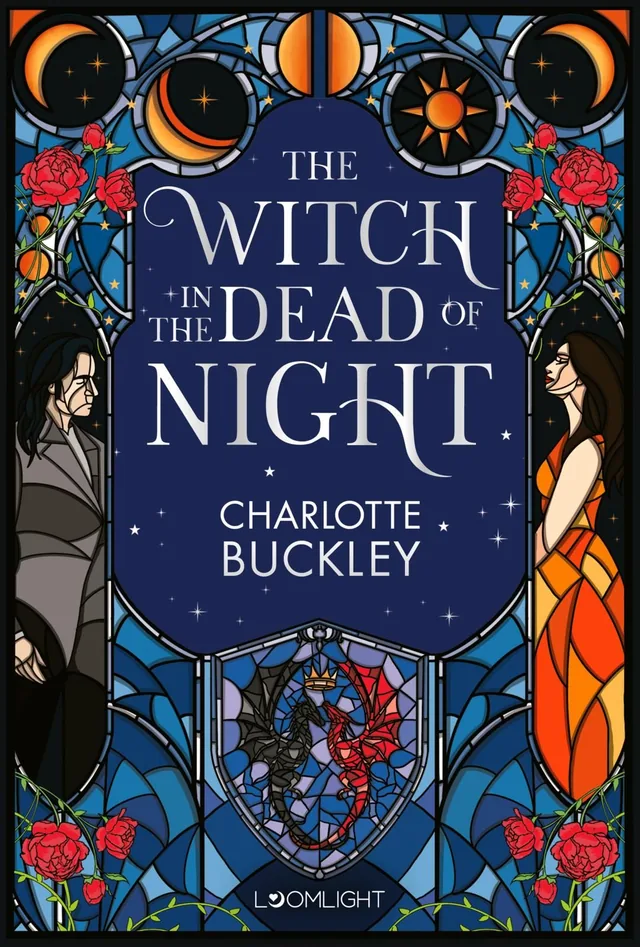 Das Buchcover zeigt links einen Mann in Grau, rechts eine Frau in Orange vor blauem Himmel mit Mond, roten Rosen und Drachen in Schwarz und Rot.