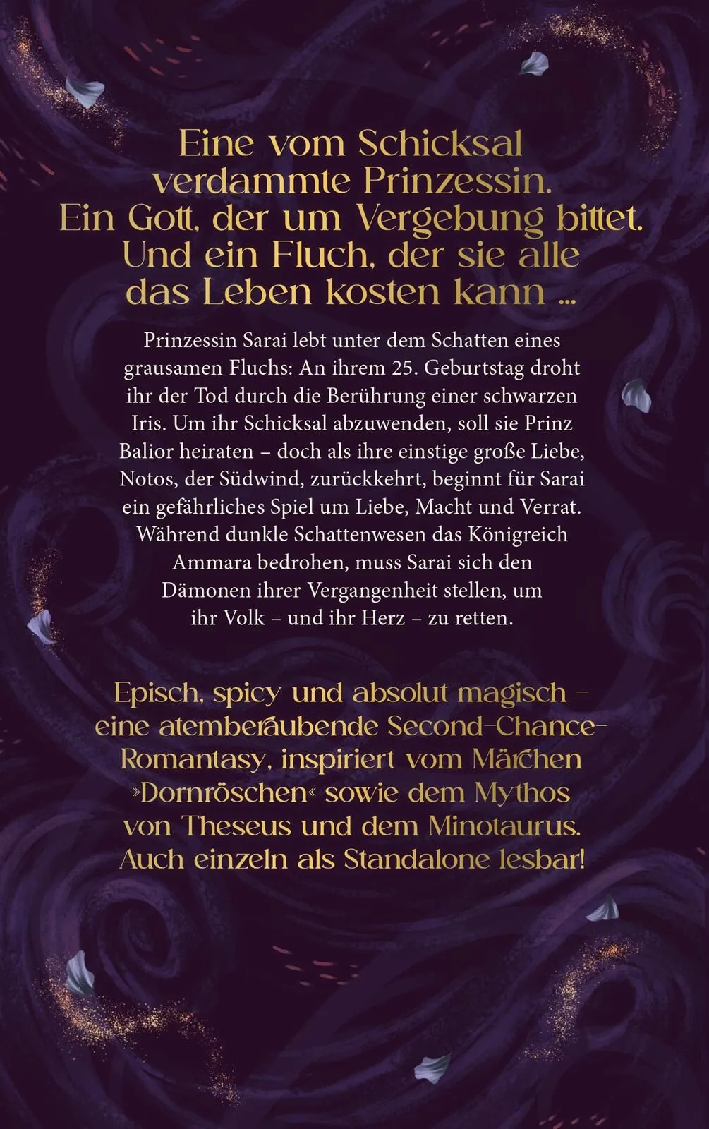 Gezeigt wird die Rückseite von „The South Wind – Reich aus Blut und Gold“. Der Hintergrund präsentiert sich in dunklen Lila- und Blautönen, die von goldenen Akzenten durchzogen werden. Der Text ist in goldener und weißer Schrift gestaltet und fasst die Ha