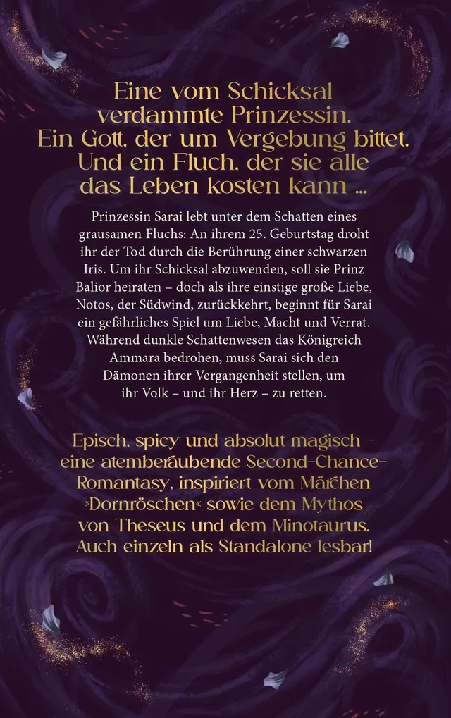 Gezeigt wird die Rückseite von „The South Wind – Reich aus Blut und Gold“. Der Hintergrund präsentiert sich in dunklen Lila- und Blautönen, die von goldenen Akzenten durchzogen werden. Der Text ist in goldener und weißer Schrift gestaltet und fasst die Ha